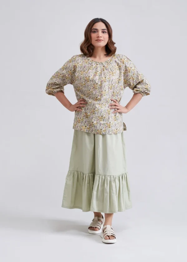 Round Neck Tuck Jewellery blouse with skirt