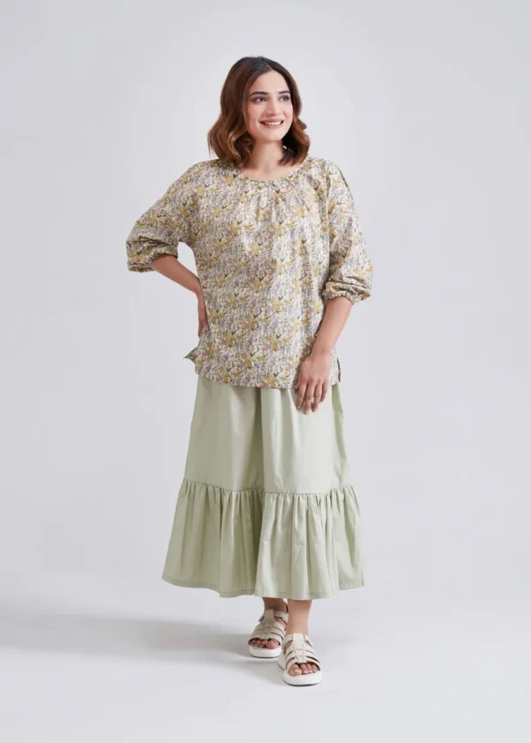 Round Neck Tuck Jewellery blouse with skirt