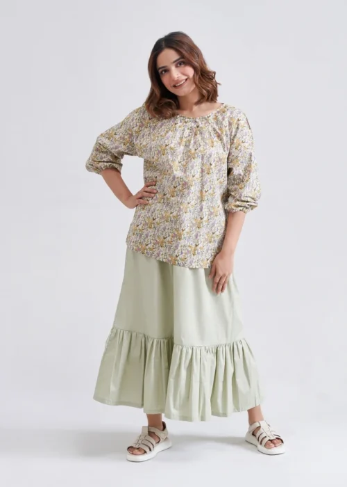 Round Neck Tuck Jewellery blouse with skirt