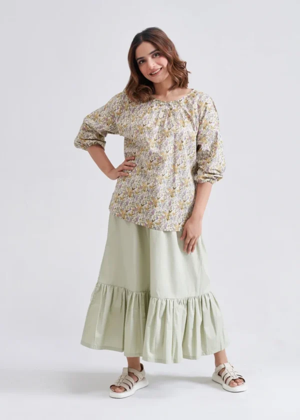 Round Neck Tuck Jewellery blouse with skirt